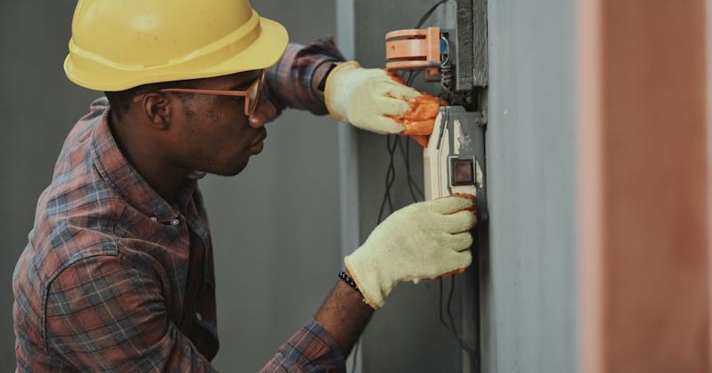 Elektriker montiert eine Unterputzdose an einer Wand