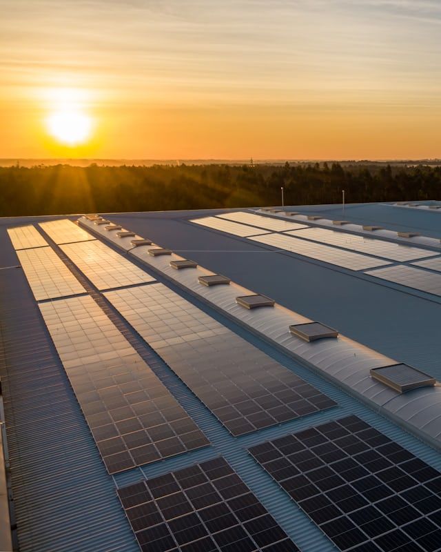 Photovoltaikanlage auf einem Hallendach bei Sonnenaufgang